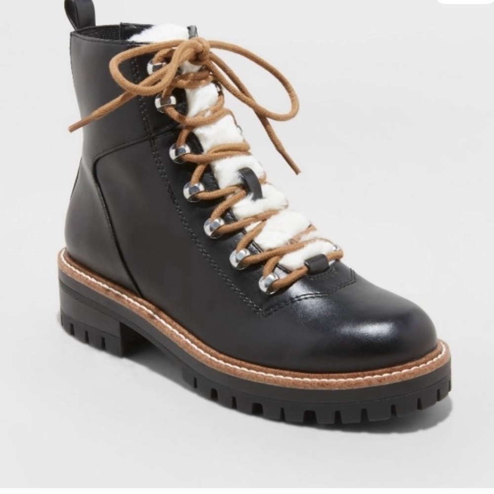 a new day Leighton Black Ankle Boots with Tan Laces